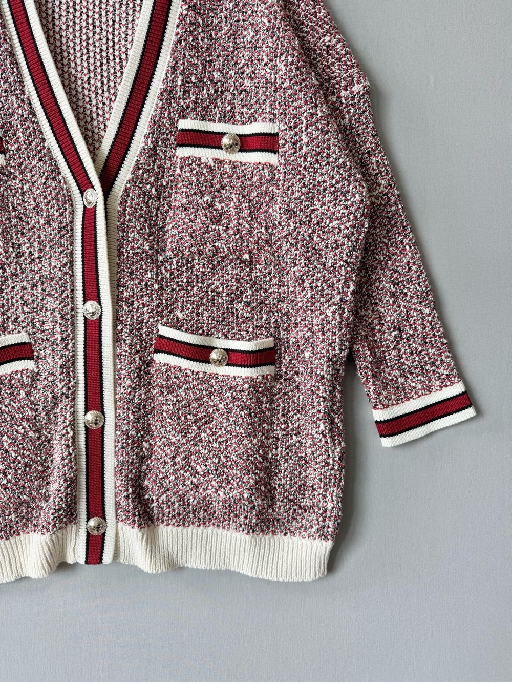 Maje Mapada Marled Red and White Knit Button-Front Cardigan - Tweed Look - Sz 1 - Picture 5 of 9